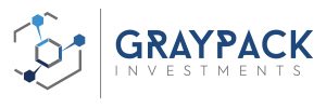 Company logo with geometric design. On the left, there is a hexagonal shape with connecting lines and small circles, resembling a molecular or network structure, in shades of blue and gray. To the right, the words "GRAYPACK INVESTMENTS" are written, with "GRAYPACK" in large, bold, blue uppercase letters and "INVESTMENTS" in smaller, gray uppercase letters below it. The overall style is modern and professional.